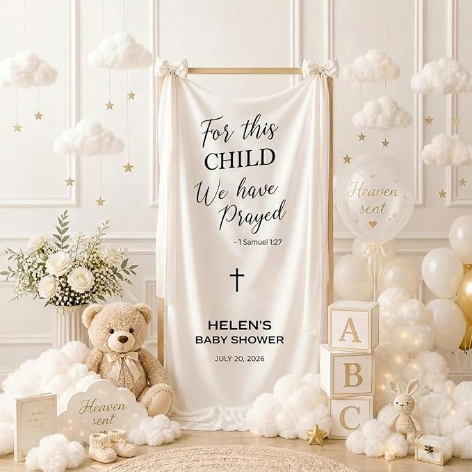 Personalized Christian Baby Shower Fabric Sign Hello Baby Linen Backdrop | - Image 2