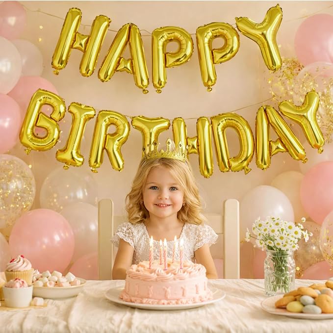 Gold Happy Birthday Balloons Banner, 16 Inch Pink Letters Aluminum Foil Balloon - Image 4