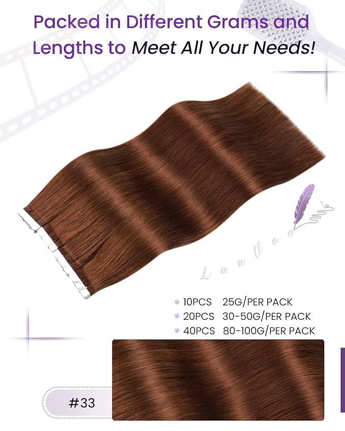 LaaVoo Human Hair Tape in Extensions Auburn Hair Extensions Tapes in Real Human Hair Auburn Brown Tape on Hair Extension Seamless Skin Weft 22inch 20pcs 50g