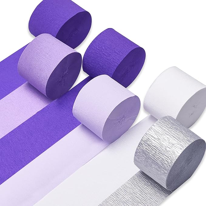 PartyWoo Purple Lavender Light Silver Crepe Paper Streamers 6pcs 492 FT | by PartyWoo