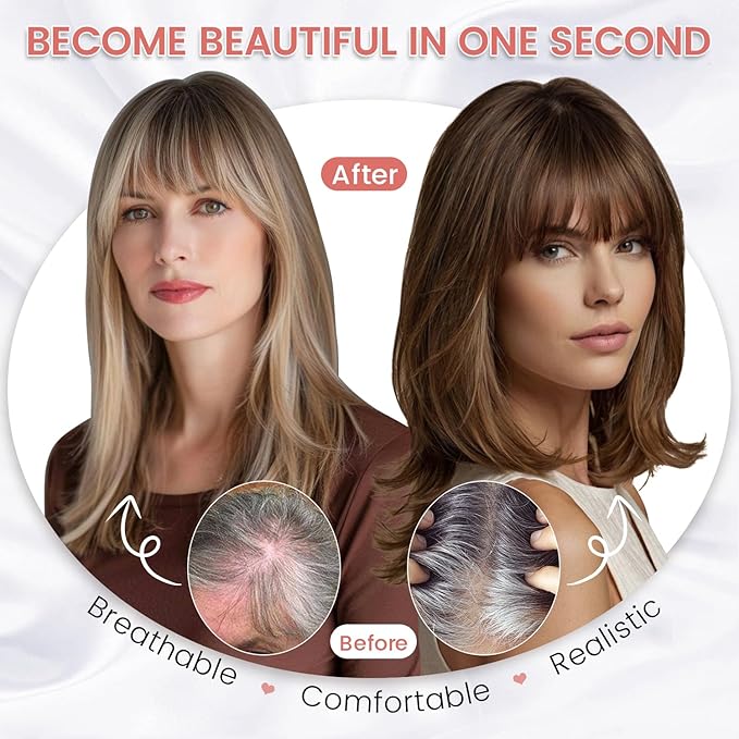 YAMI Human Hair Toppers for Women with Thinning Hair Topper with Bangs Upgrade Swiss Base 10inch Hairpiecees for Women with Hairloss (Ombre Light Brown with Blond Highlight)