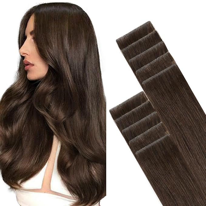 GOO GOO Invisi Edge Tape in Hair Extensions Human Hair, 4A Chocolate Brown, 10pcs 14inch 25g, Virgin Remy Hair, Seamless Injected Tape, Natural Look