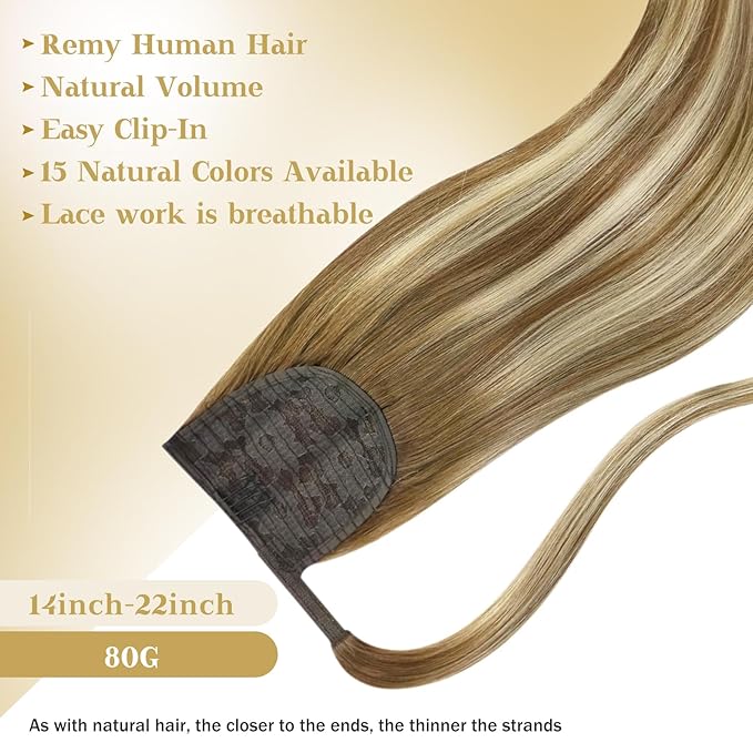 Ve Sunny Ponytail Extension Human Hair for Women Clip in Ponytail Hair Extension Straight Human Hair Pieces Wrap Around Medium Brown Fading To Brown Mix Platinum Blonde Balayage 14inch 80G