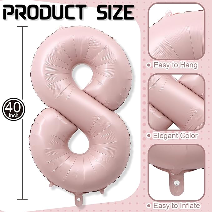 Foil 8 Balloon, Dusty Light Pink Big Number 8 Balloons - Image 2