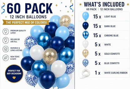 Metallic Blue Balloons 12 Inch – 60 Pack Blue & Gold Balloon Kit - Image 8
