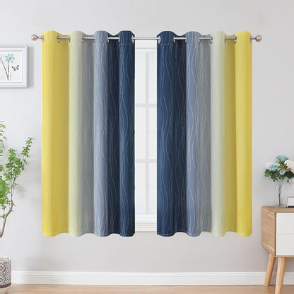 Navy Blue and Yellow Blackout Curtains 45 Inch Length, Full Light Blocking - Image 2