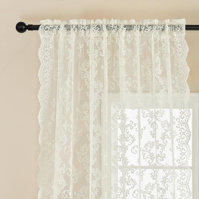 FOLKSIDE Ivory Lace Curtains 45 Inch Length 2 Panels set Paisley Floral Sheer - Image 3