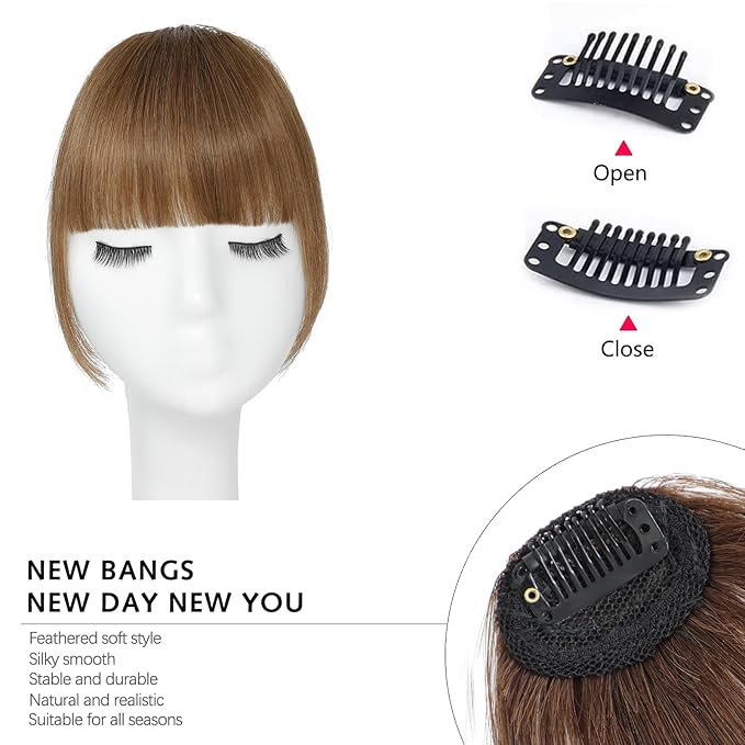 Light Brown Clip In Bangs Real Human Hair French Bangs For Women Clips Thick Bangs Fringe With Temples Hairpieces Curved Bangs For Daily Wear