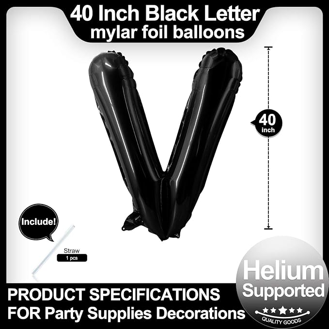 40 Inch Black Letter V Balloons, DIY Phrase Foil Alphabet Letter V Balloons DIY - Image 2