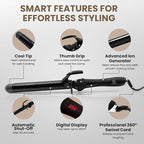Infrared Curling Iron 1.5” Ceramic Tourmaline Long Barrel – Digital Professional Hair Curler with Ion Technology for Big Curls, Beach Waves, Thick Hair – Fast Heat, Clamp, Dual Voltage