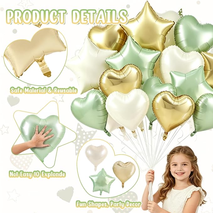 TONIFUL 18 Inch Sage Green and Champagne Gold Star and Heart Foil Balloons - Image 4