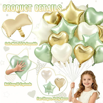 TONIFUL 18 Inch Sage Green and Champagne Gold Star and Heart Foil Balloons - Image 4