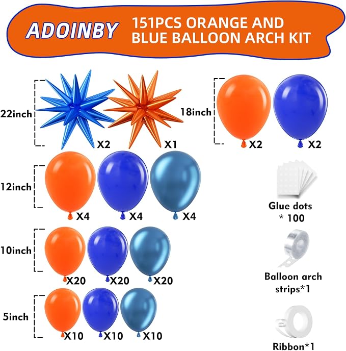 Blue and Orange Balloon Arch Kit, Different Size Balloons - Image 2