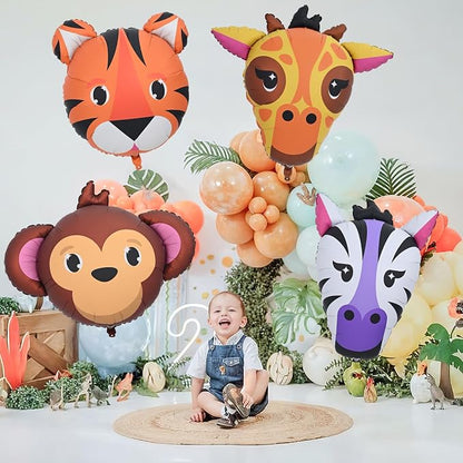 4pcs Large Jungle Safari Animal Balloons, Tiger Giraffe Zebra Monkey Head Foil - Image 3