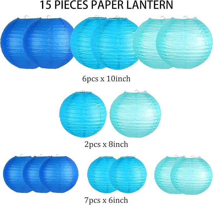 15-Pack Blue Paper Lanterns, Hanging Party Decorations | Dark-to-Light Gradient - Image 2