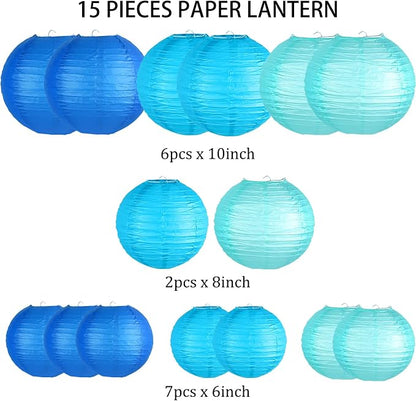 15-Pack Blue Paper Lanterns, Hanging Party Decorations | Dark-to-Light Gradient - Image 2