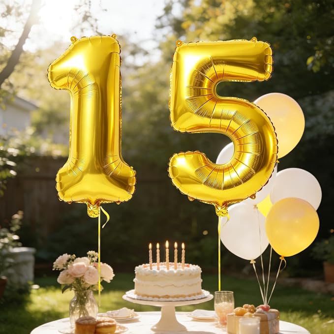 40 Inch Number 15 Balloons for 15th Birthday Party Decorations, 0-100 Gold - Image 3