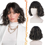 BARSDAR Black Blonde Short Wavy Wig with Bangs - Short Wavy Blonde Highlights Wigs for Women - Curly Textured French Bob Wig with Bangs Soft Synthetic Natural Looking Face-Framing Daily