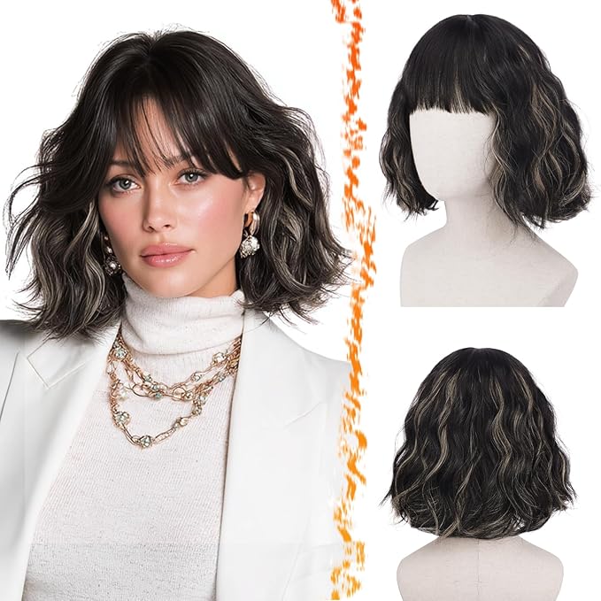 BARSDAR Black Blonde Short Wavy Wig with Bangs - Short Wavy Blonde Highlights Wigs for Women - Curly Textured French Bob Wig with Bangs Soft Synthetic Natural Looking Face-Framing Daily