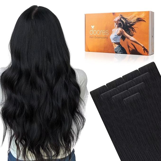 DOORES Invisible Tape in Hair Extensions Real Human Hair Invisi Edge, Jet Black 10pcs Injection Tape-ins 25g 18 Inch, Virgin Human Natural Injected Tape in Extensions Straight
