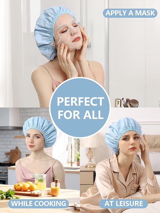 Years calm Shower Caps For Women Reusable Waterproof，Pattern And Solid Color Dual-Layer Design For Dual-Layer Usable，Protects Hair In Shower, Spa, Cooking, Clean & Travel (Blue, Extra Large)