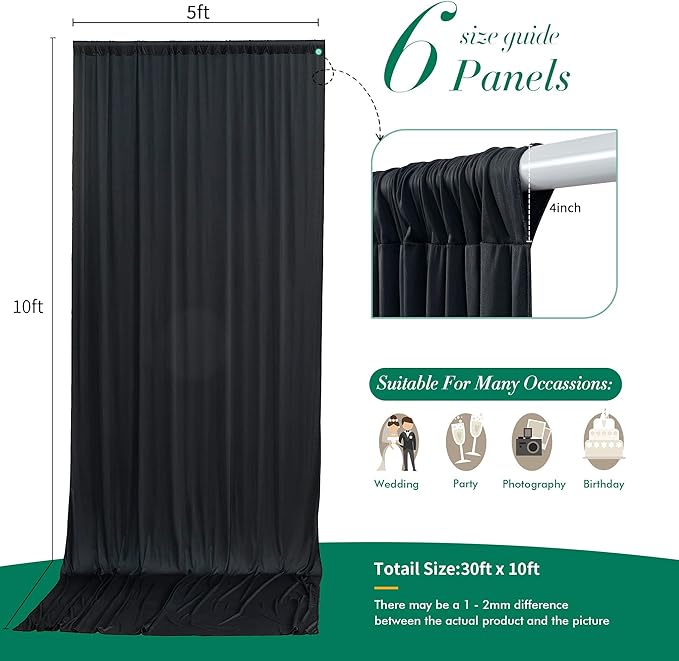 30 ft x 10 ft Wrinkle Free Black Backdrop Curtain - Image 5