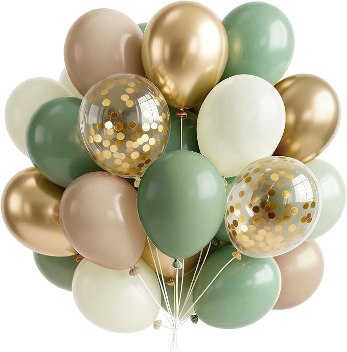 PartyWoo Sage Green Balloons 66pcs Pack Gold and Sand White Balloons | Metallic by PartyWoo
