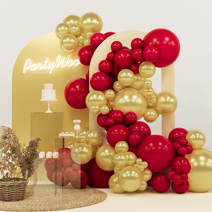 PartyWoo Red Gold Balloons 140pcs Different Sizes Balloon Arch Kit | Ruby by PartyWoo