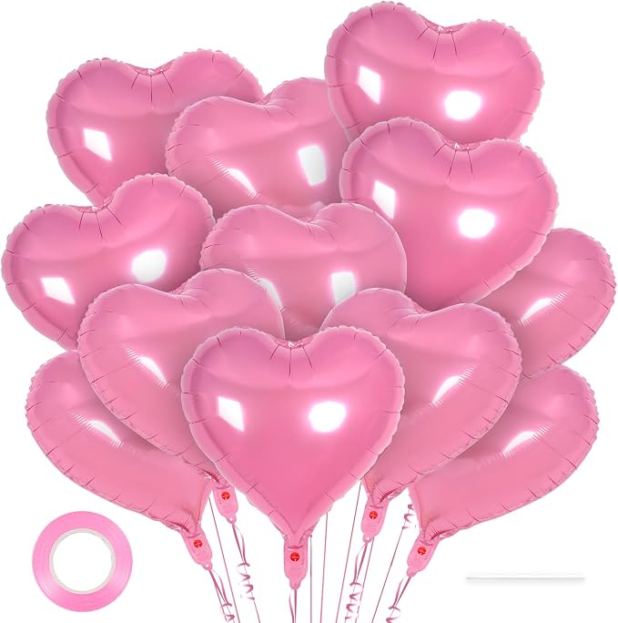 12 Pcs Pink Heart Balloons, 18 Inch Heart Foil Balloons Love Balloon Valentine by YOTHORN