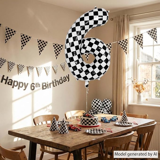40 Inch Checkered Number 6 Balloon, Large Foil Black and White Number Balloons - Image 6