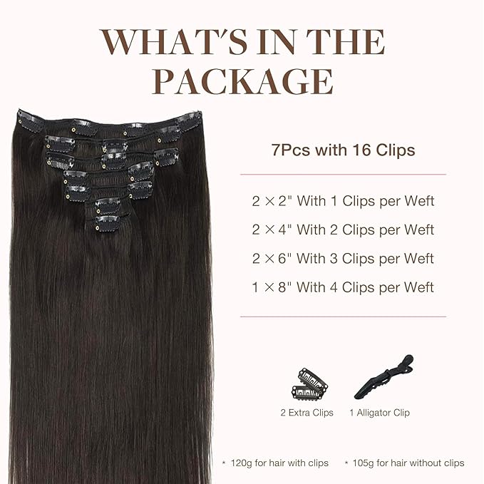 GOO GOO Clip in Hair Extensions Real Human Hair, Remy Human Hair Extensions Clip ins for Women, Natural Human Hair, 14inch 120g 7Pcs, 2 Dark Brown
