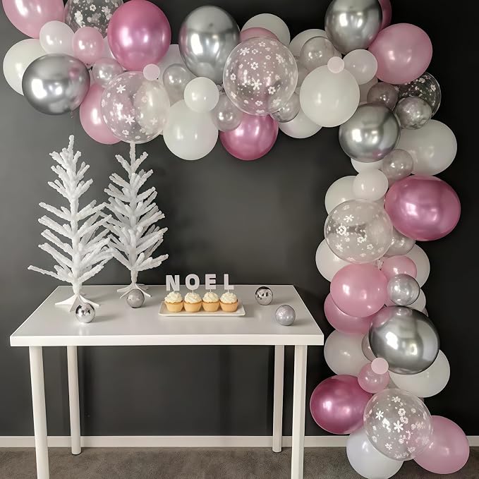 Pink Winter Wonderland Balloons, Metallic pink Silver and Snow Balloon - Image 9