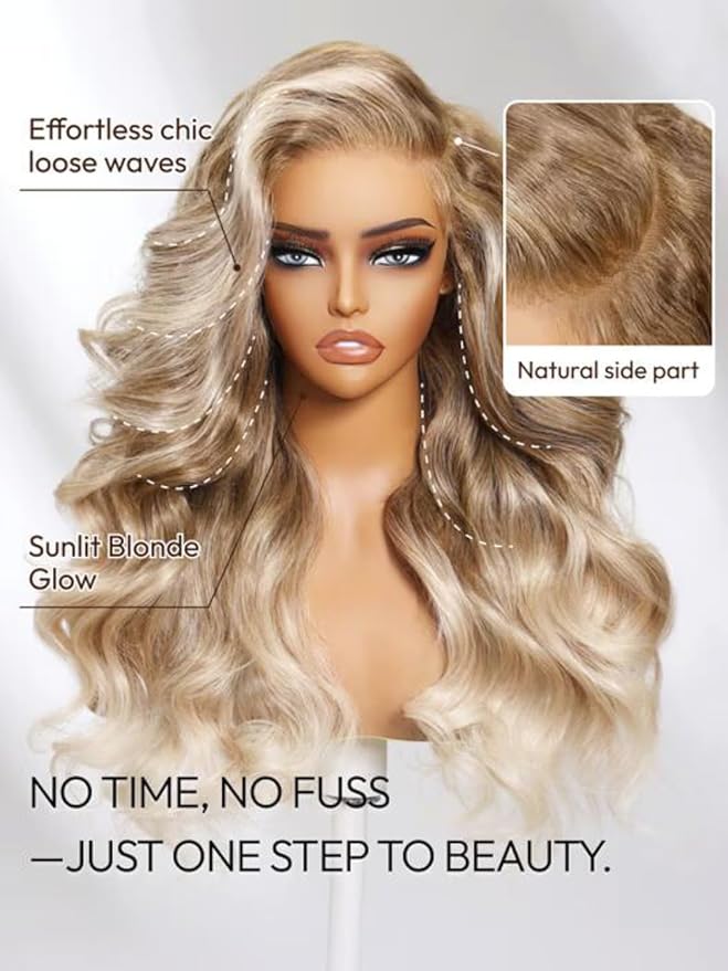 KLAIYI Ombre Ash Blonde Loose Body Wave Pre Everything Glueless 13x4 Lace Front Wigs Human Hair Balayage Precut Pre Plucked Bleached Bye Bye Knots 30S Ready to Wear and Go Wig Beginner Friendly 16Inch
