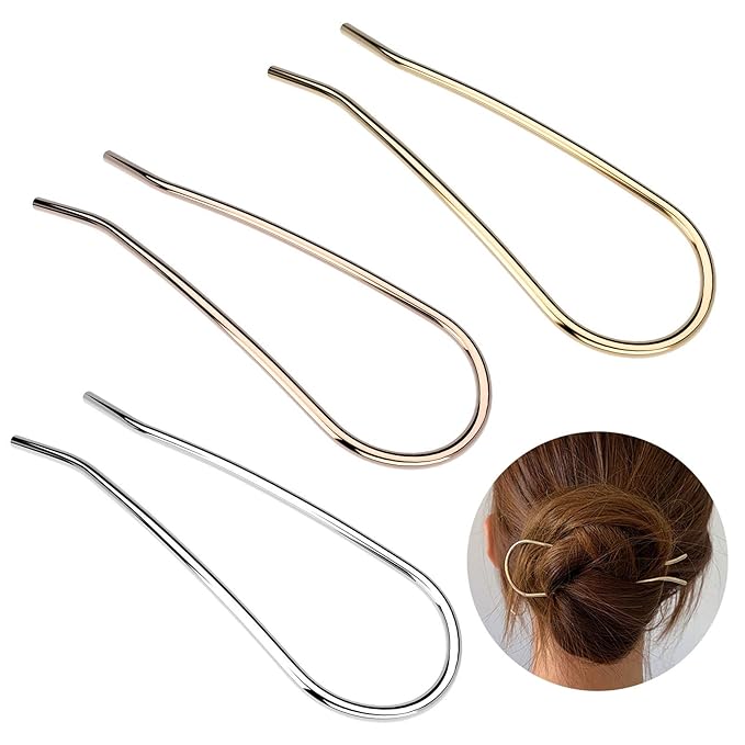Metal Hair Fork 4.6 inch Simple U Shape Updo Hair Sticks Alloy Gold-plated 2 Prong Bun Hair Pins Clips Grips for Women Thick Hair Styling Tool Accessories, 3 Pack