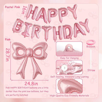 Pink Happy Birthday Balloons, 31”Huge Pink Bow Aluminum Foil Balloons - Image 6