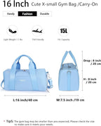Compact Sports Gym Bag for Women, Cute Mini Duffle Bag with Wet Pocket & Shoes Compartment, Personal Item Travel Workout Bag, 16"- Small, Sky Blue