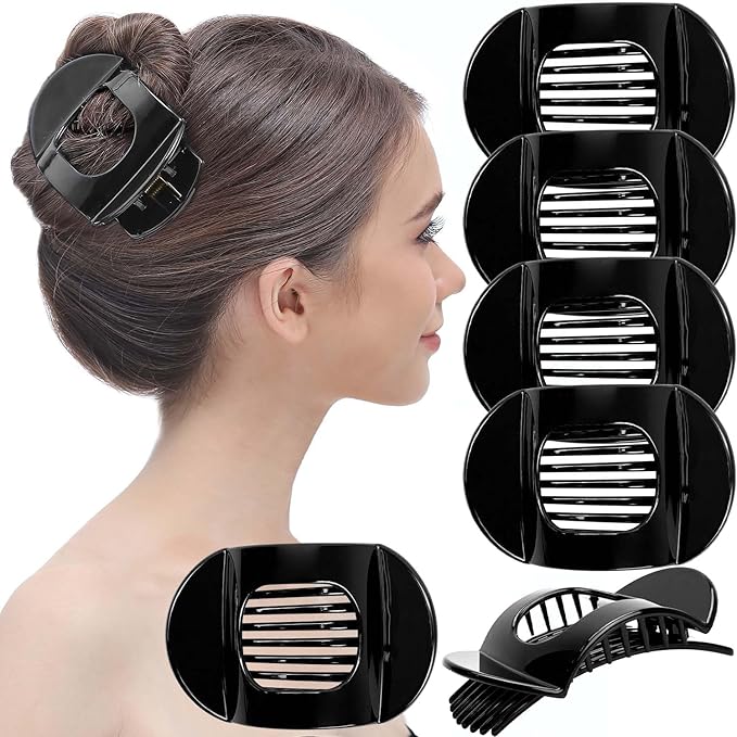 RC ROCHE 6 Pcs Flat Claw Hair Clips for Women Thick Hair French Round Duckbill Square Secure Strong Hold Grip Clamps Barrettes Curved No Slip No Crease Plastic Styling Cute, Medium Black