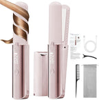 CHIKYO Cordless 2 in 1 Hair Straightener Portable On-The-Go Curling Iron, Portable Power Bank, 7 Temps, LED Display, Rechargeable Mini Flat Iron for Travel, 5000mAh Battery, Pink