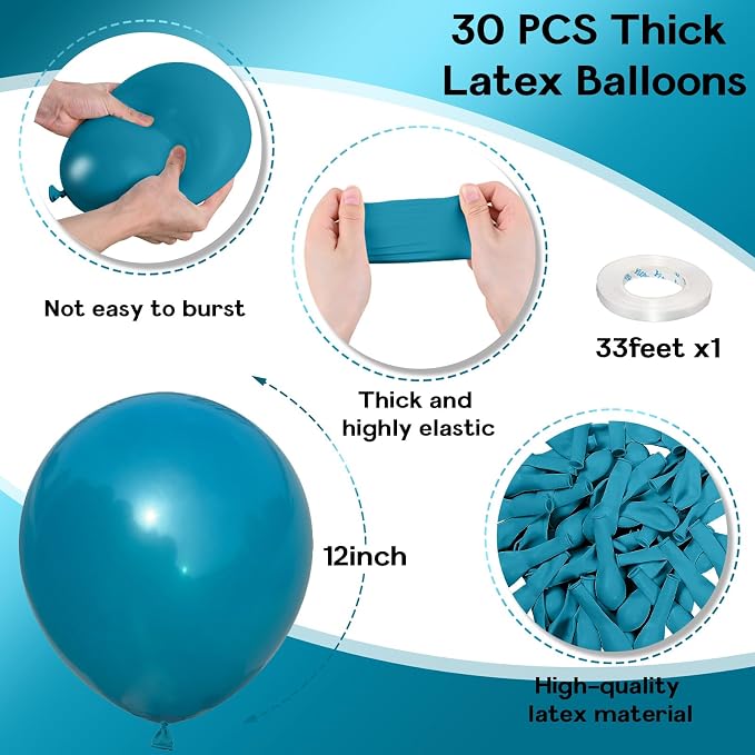 Jobkoo Peacock Blue Balloons, 12 Inch 30 Pcs Turquoise Blue Balloon Teal Blue - Image 2