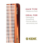 Kent 92T Tortoise Wide Tooth Detangler Combs for Men and Women, Hair Comb for Curly and Wavy Hair and Wet or Dry, Large Wide Tooth Dressing Comb, Handmade, Saw-Cut, Hand polished, Made in England