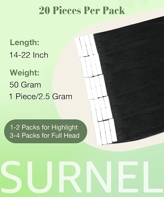SURNEL Tape in Hair Extensions Human Hair Color 1 Jet Black Remy Tape in Hair Extensions 16 inch 20pcs 50g(#1-16)