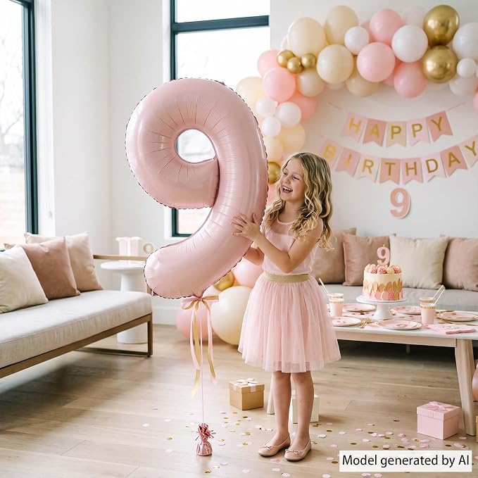 Baby Pink Number 9 Balloon 40 Inch, Muted Pastel Numeral Party Supplies | - Image 2
