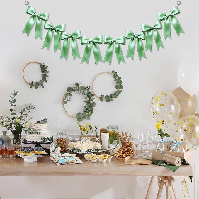 1 String of 8PCS Sage Green Bow Garland Banner Decoration, Pre-Strung Satin - Image 4