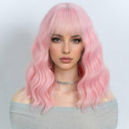 NOBLE Pink Wig Bob Wig with Bangs Short Loose Wavy Wigs for Women Shoulder Length Heat Resistant Synthetic Hair Bob Wavy Colored Wigs for Halloween Cosplay 12 Inches