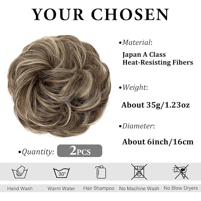 SARLA 2PCS Messy Hair Bun Hair Pieces Wavy Curly Synthetic Updo Fake Scrunchies Ponytail Extension for Women Brunette Blonde Multi