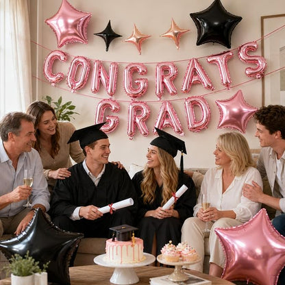 Congrats Grad Balloons, 16 Inch Rose Gold Black Congrats Grad Letters Banner - Image 3