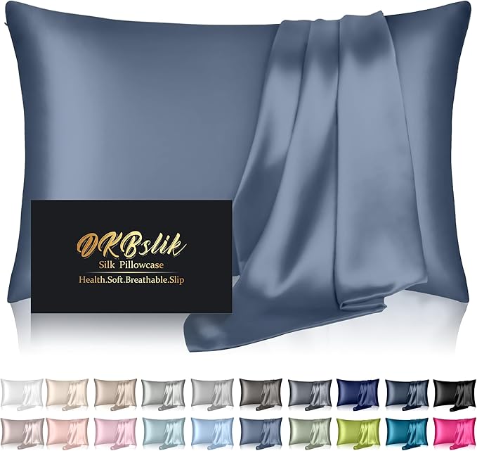 Silk Pillowcase for Hair and Skin,Mulberry Silk Pillow Cases King Size, Anti Acne Cooling Beauty Sleep Both Sides Natural Silk Satin Pillow Case Covers with Hidden Zipper,Gifts for Women Men,Ash Blue