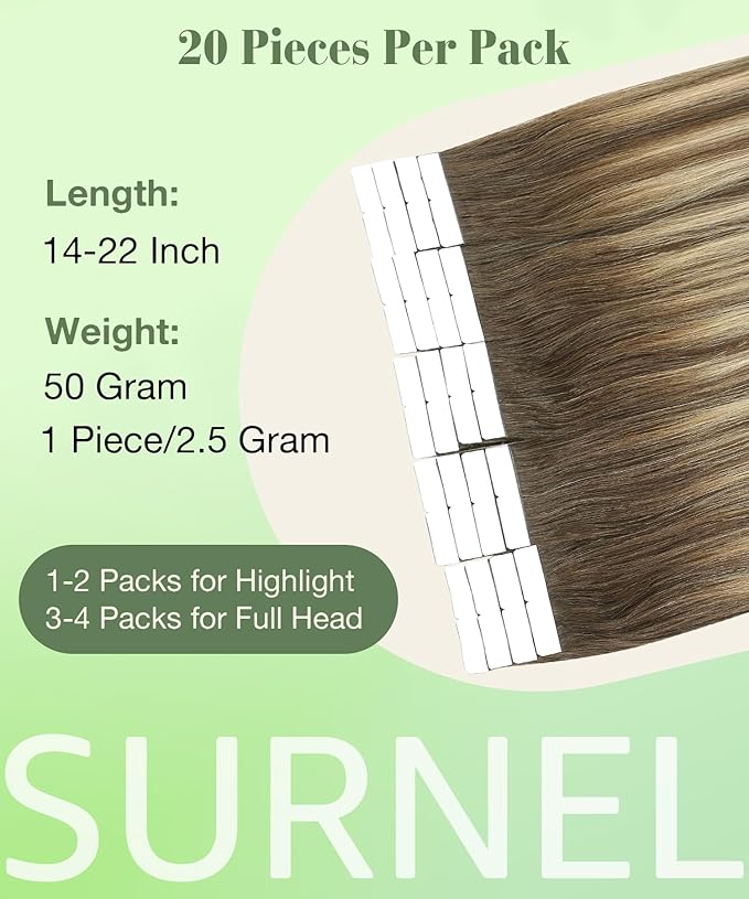 SURNEL Tape in Hair Extensions Balayage Chocolate Brown to Caramel Blonde Tape in Extensions Human Hair 16 inch 20pcs 50g(#4/27/4-16)