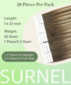 SURNEL Tape in Hair Extensions Balayage Chocolate Brown to Caramel Blonde Tape in Extensions Human Hair 16 inch 20pcs 50g(#4/27/4-16)