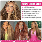 CYNOSURE 13x5 Highlight Ombre Deep Wave Curly Lace Front Wigs Human Hair 26Inch Honey Blonde Deep Curly Wig HD Transparent Lace Frontal Wigs Pre Plucked 180 Density Human Hair for Women